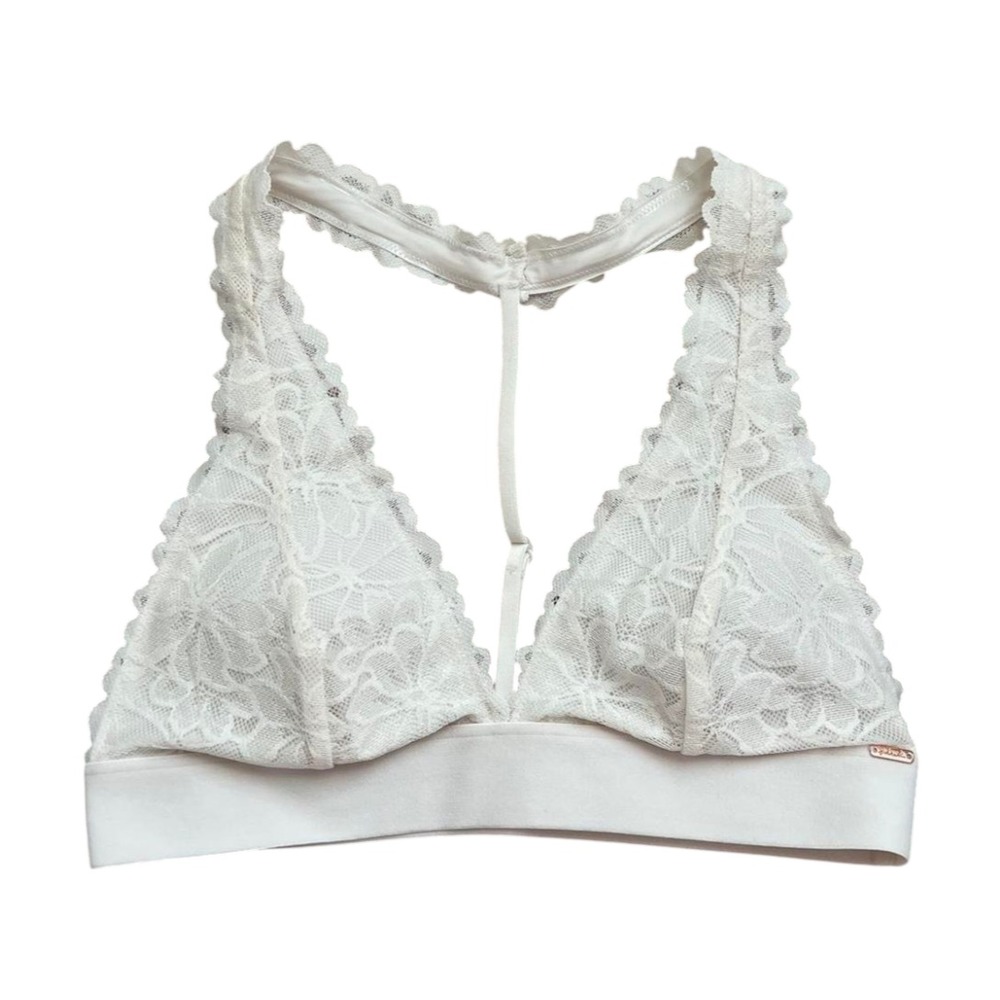 VICTORIA'S SECRET PINK Off-White Bra Bralette LACE PADDED T-Strap Triangle SZ L